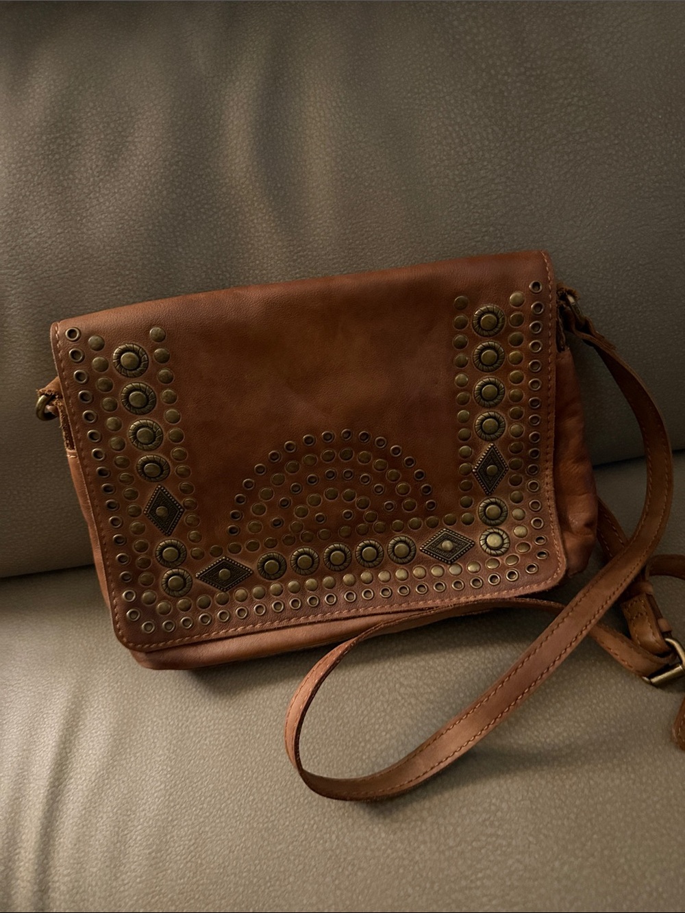 Patricia Nash Brown Leather Studded Crossbody Bag